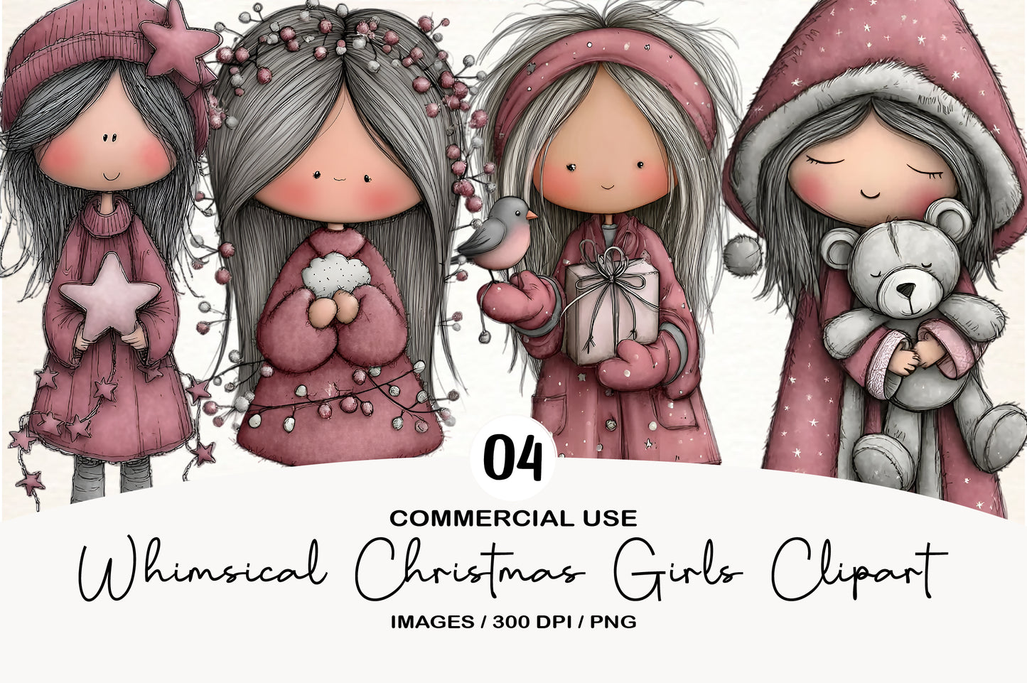 Whimsical Christmas Girls Clipart PNG Sublimation