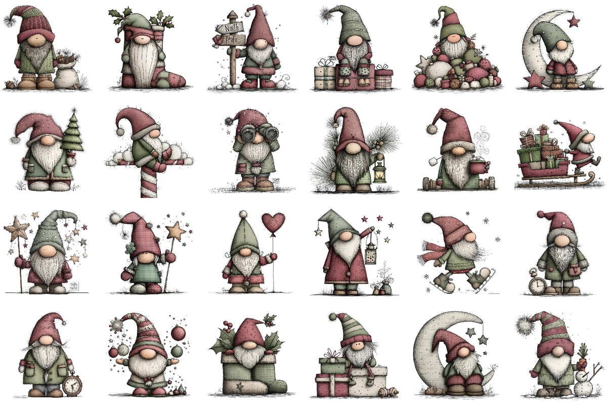 Whimsical Christmas Gnome Watercolor Clipart PNG Bundle