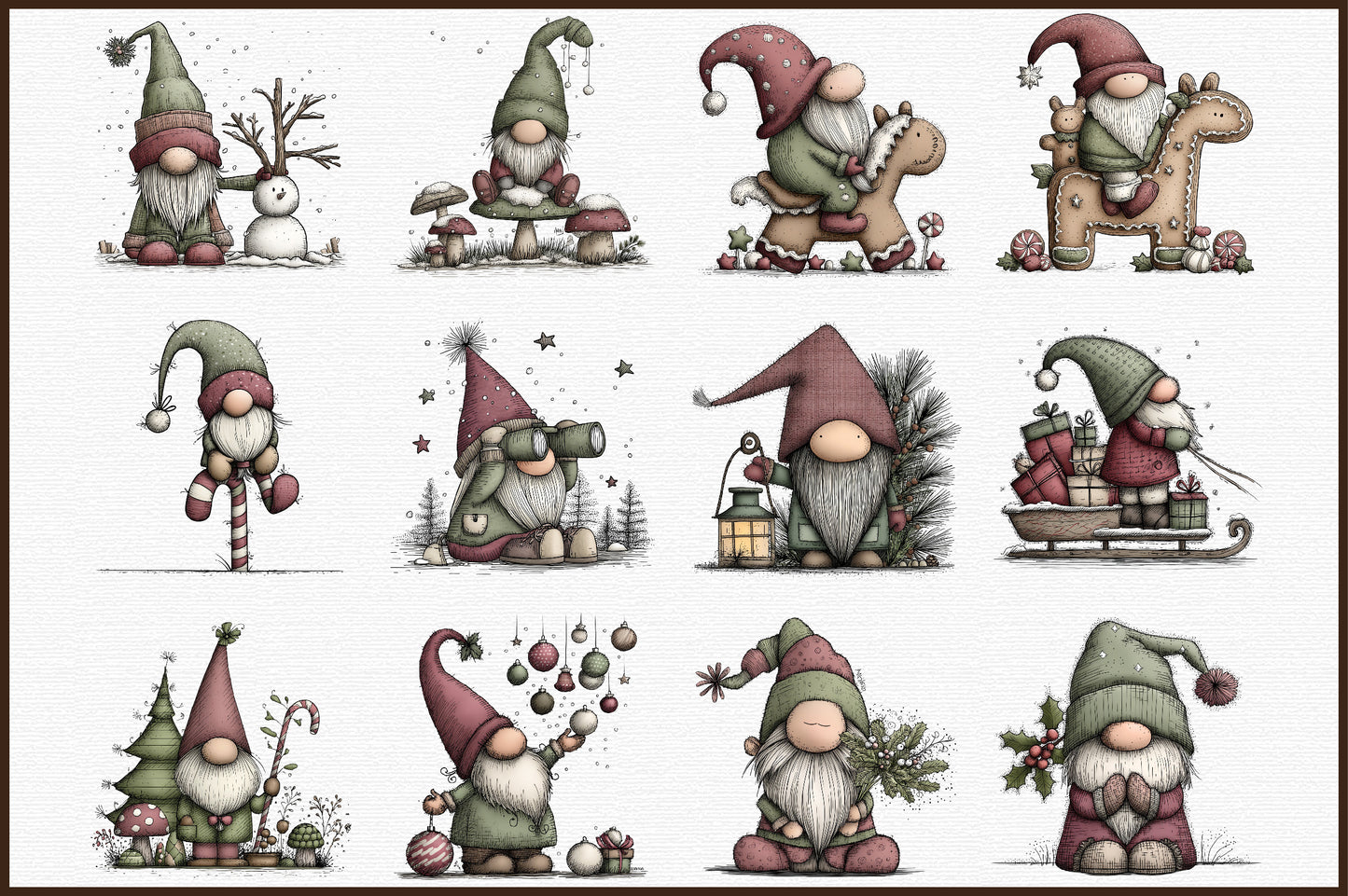 Whimsical Christmas Gnome Watercolor Clipart PNG Bundle