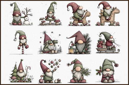 Whimsical Christmas Gnome Watercolor Clipart PNG Bundle