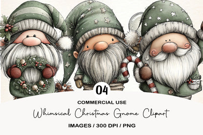 Whimsical Christmas Gnome Clipart PNG Bundle | Cute Watercolor Holiday Gnome Clipart | Festive Winter Gnome PNG