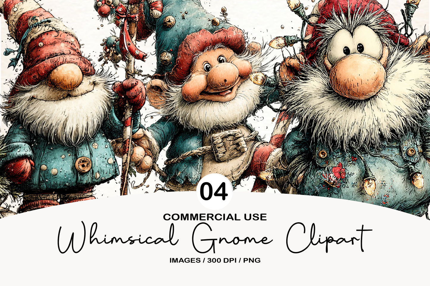 Whimsical Christmas Gnome Clipart PNG Bundle | Cute Watercolor Holiday Gnome Clipart | Festive Winter Gnome PNG