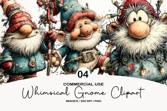 Whimsical Christmas Gnome Clipart PNG Bundle | Cute Watercolor Holiday Gnome Clipart | Festive Winter Gnome PNG