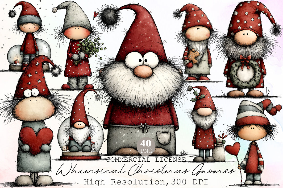 Whimsical Christmas Gnomes Clipart Bundle Cute Holiday PNG