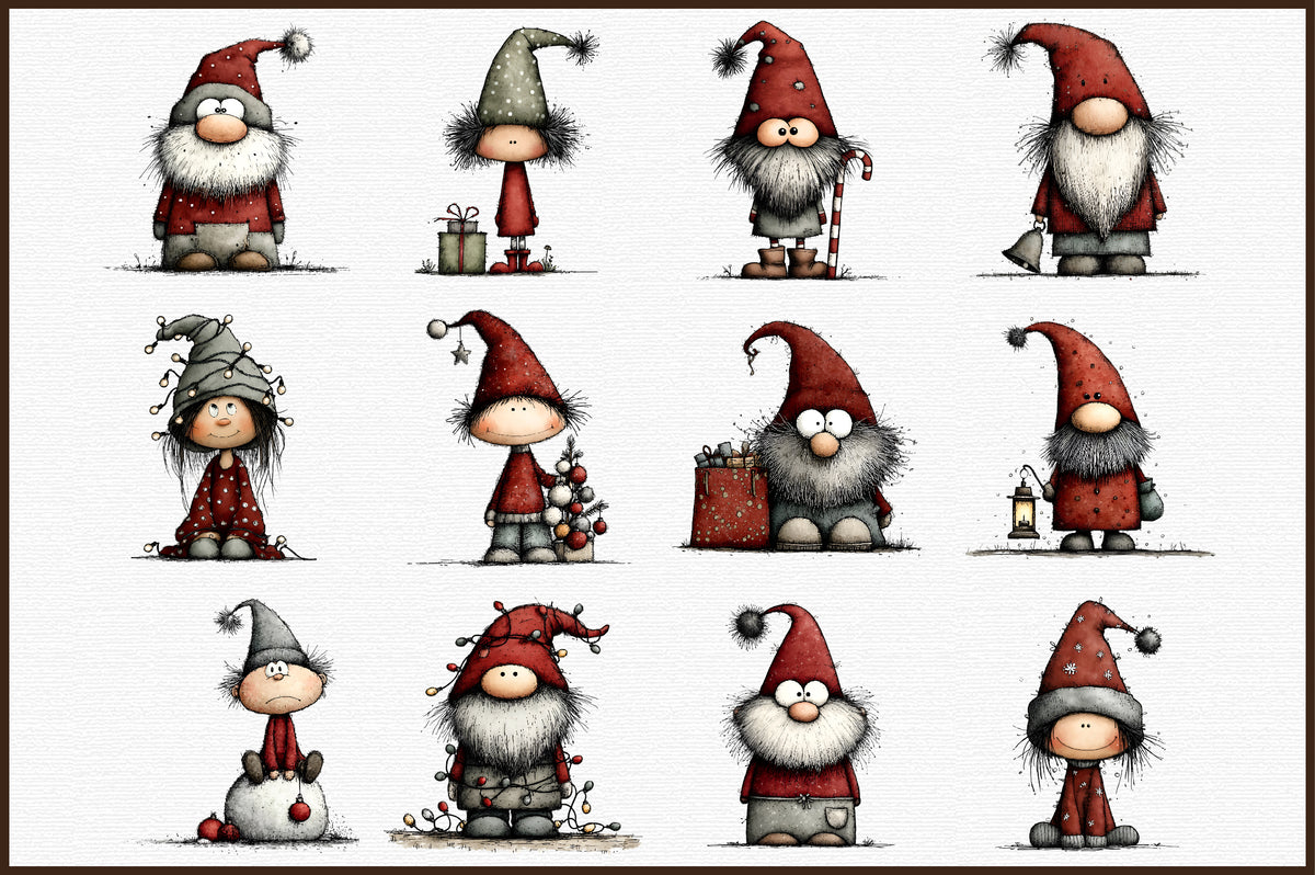 Whimsical Christmas Gnomes Clipart Bundle Cute Holiday PNG