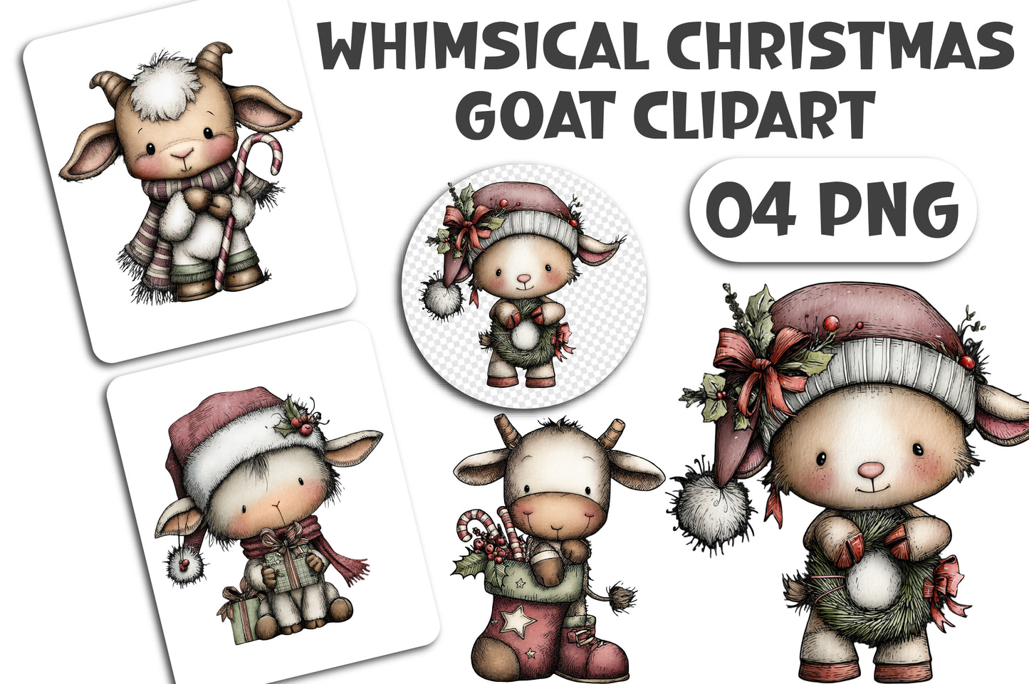 Whimsical Christmas Goat Clipart PNG Bundle