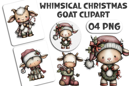 Whimsical Christmas Goat Clipart PNG Bundle