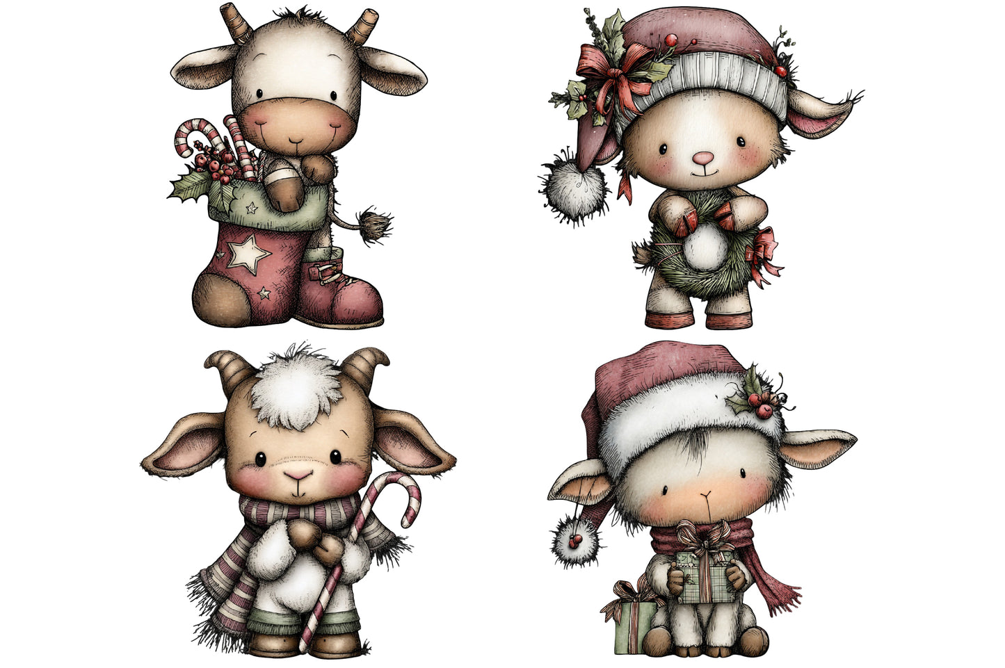 Whimsical Christmas Goat Clipart PNG Bundle