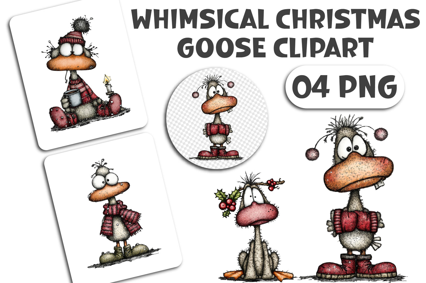 Whimsical Christmas Goose Clipart PNG Bundle