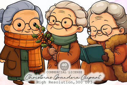 Whimsical Christmas Grandma Clipart Cute Holiday Grandma PNG Bundle
