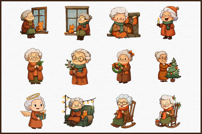 Whimsical Christmas Grandma Clipart Cute Holiday Grandma PNG Bundle