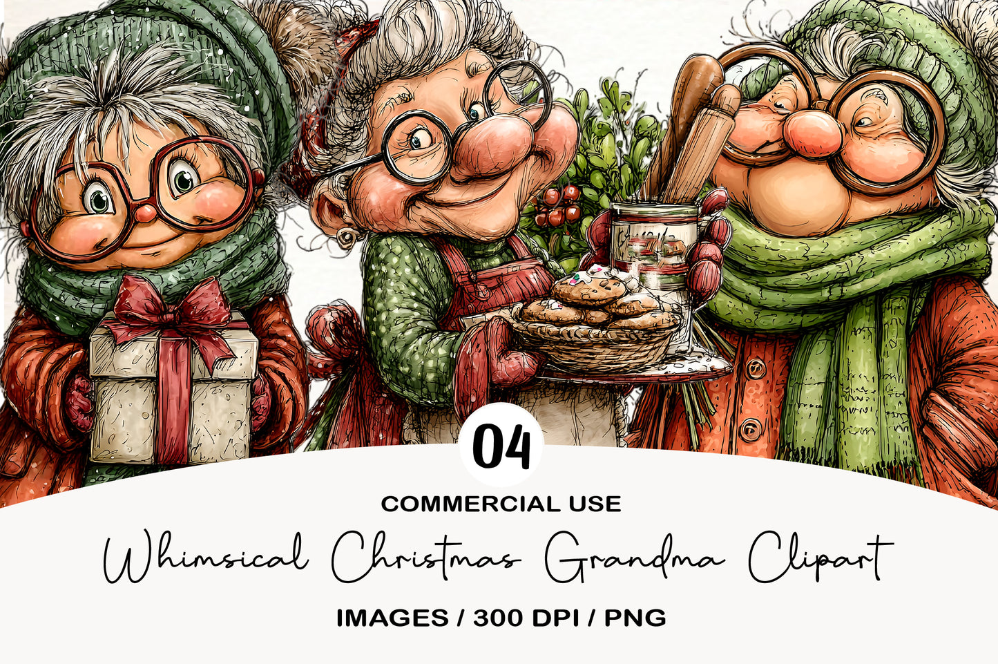 Whimsical Christmas Grandma Clipart PNG Bundle | Cute Watercolor Holiday Grandma Clipart