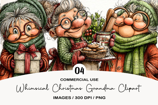 Whimsical Christmas Grandma Clipart PNG Bundle | Cute Watercolor Holiday Grandma Clipart