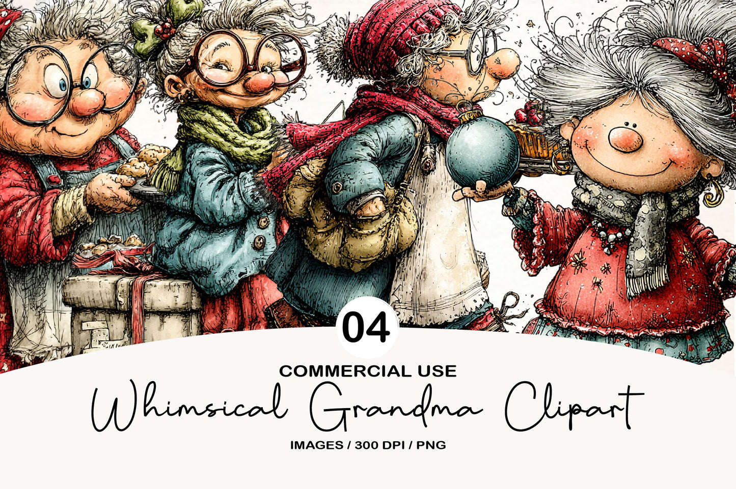 Whimsical Christmas Grandma Clipart PNG Bundle | Cute Watercolor Holiday Grandma Clipart | Festive Winter Grandma PNG