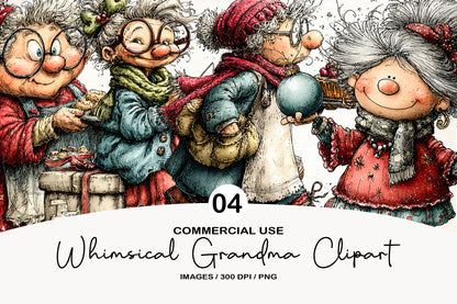 Whimsical Christmas Grandma Clipart PNG Bundle | Cute Watercolor Holiday Grandma Clipart | Festive Winter Grandma PNG