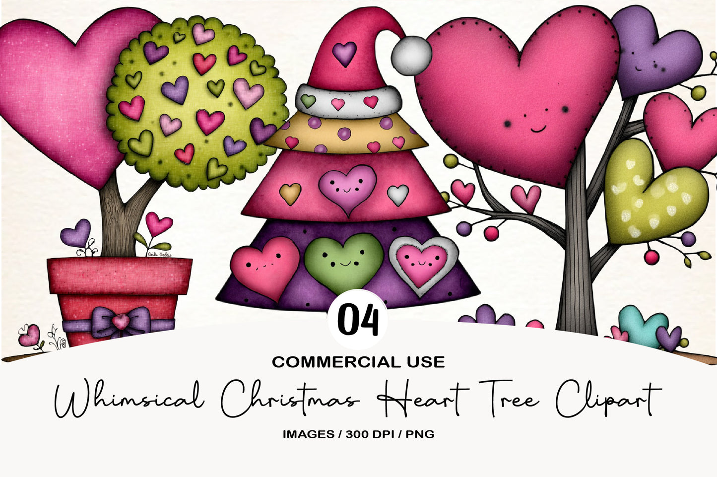 Whimsical Christmas Heart Tree Clipart PNG Bundle | Cute Watercolor Heart Christmas Tree | Festive Holiday Tree PNG