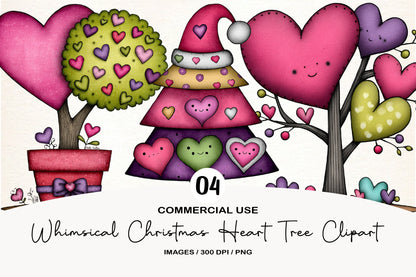 Whimsical Christmas Heart Tree Clipart PNG Bundle | Cute Watercolor Heart Christmas Tree | Festive Holiday Tree PNG