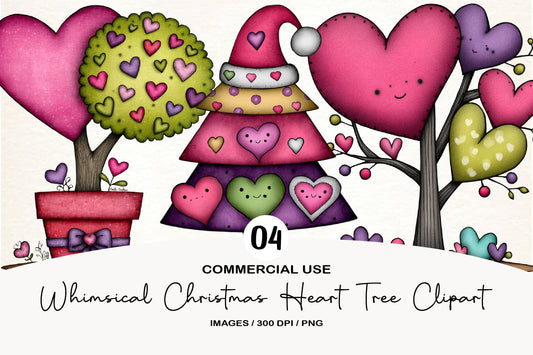 Whimsical Christmas Heart Tree Clipart PNG Bundle | Cute Watercolor Heart Christmas Tree | Festive Holiday Tree PNG