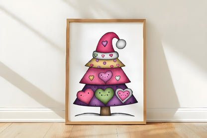 Whimsical Christmas Heart Tree Clipart PNG Bundle | Cute Watercolor Heart Christmas Tree | Festive Holiday Tree PNG