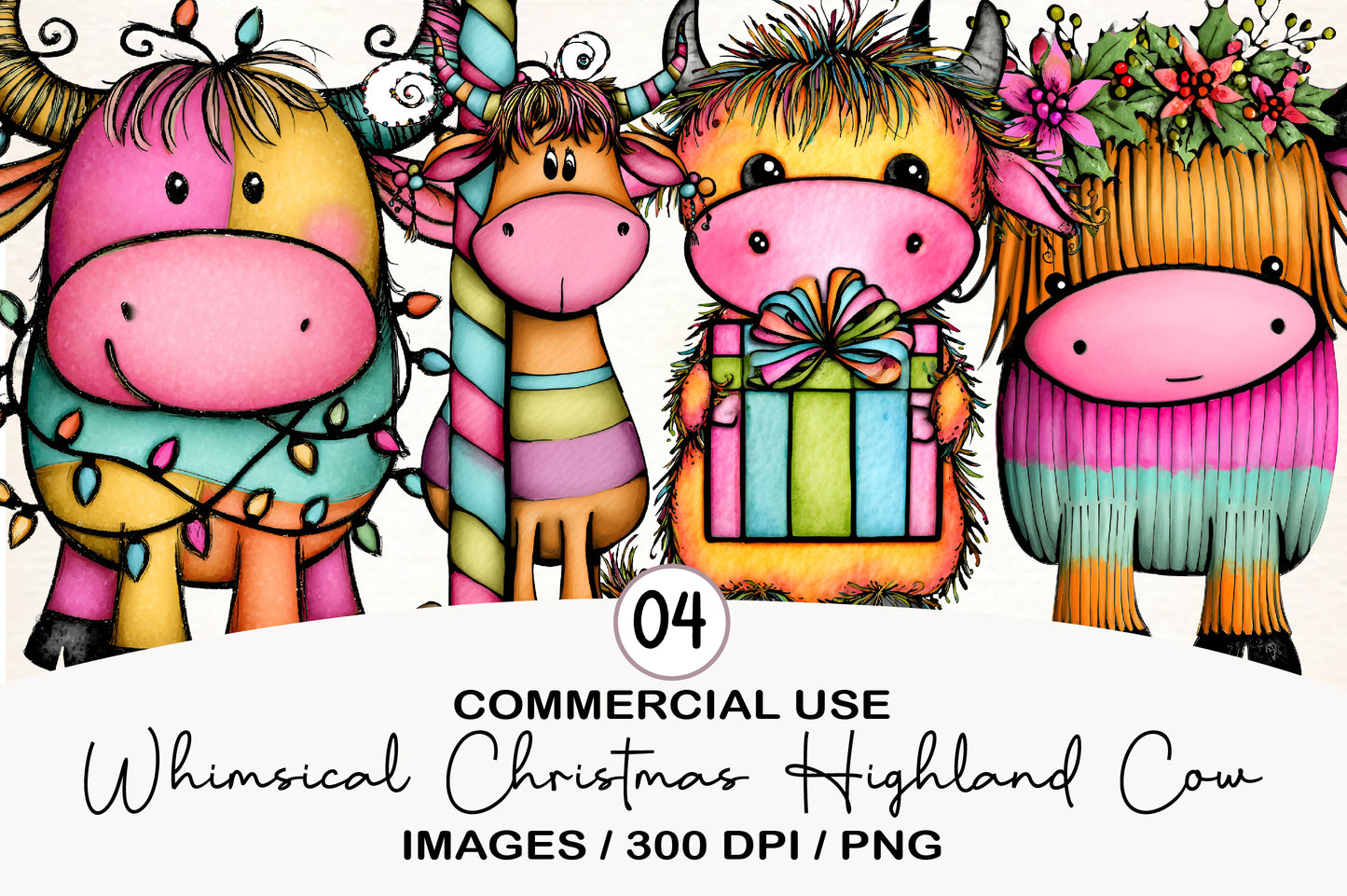 Whimsical Christmas Highland Cow Clipart PNG