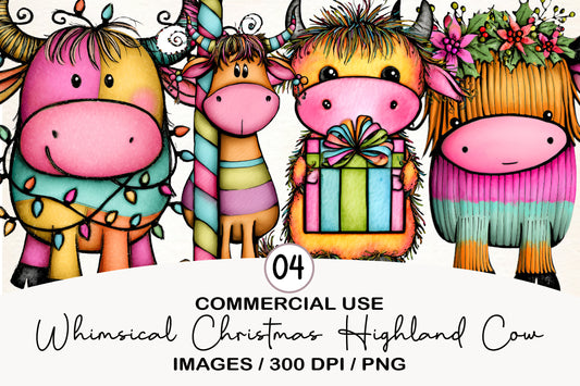 Whimsical Christmas Highland Cow Clipart PNG