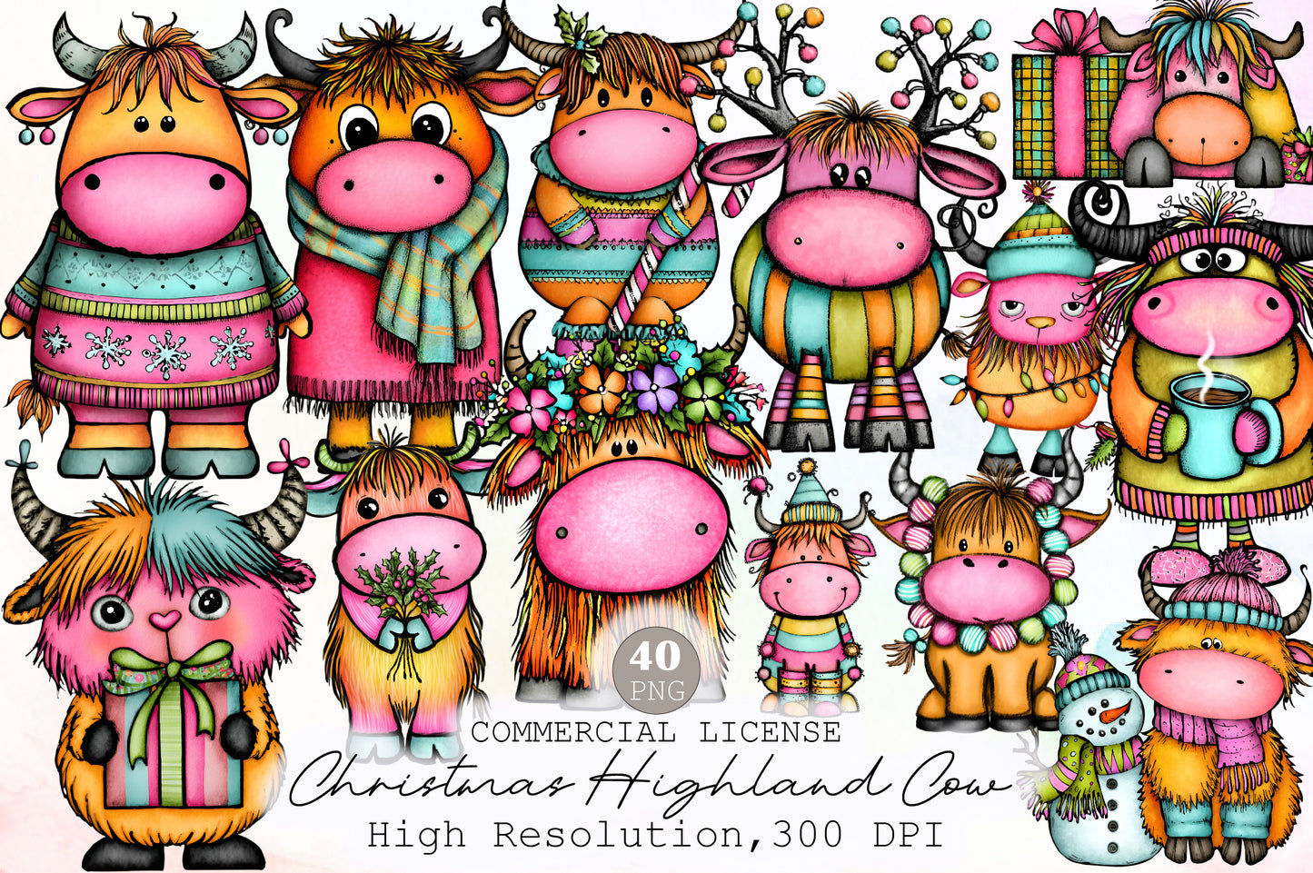 Whimsical Christmas Highland Cow Clipart Cute Holiday Cow PNG Bundle