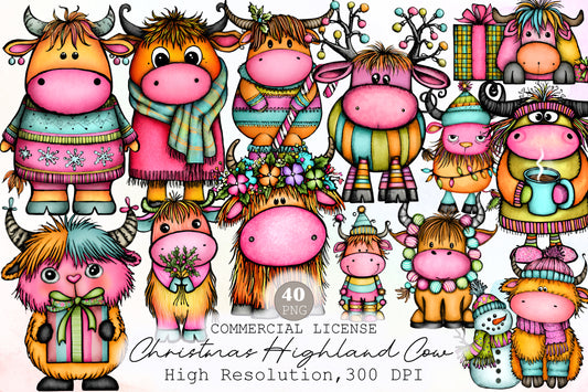 Whimsical Christmas Highland Cow Clipart Cute Holiday Cow PNG Bundle