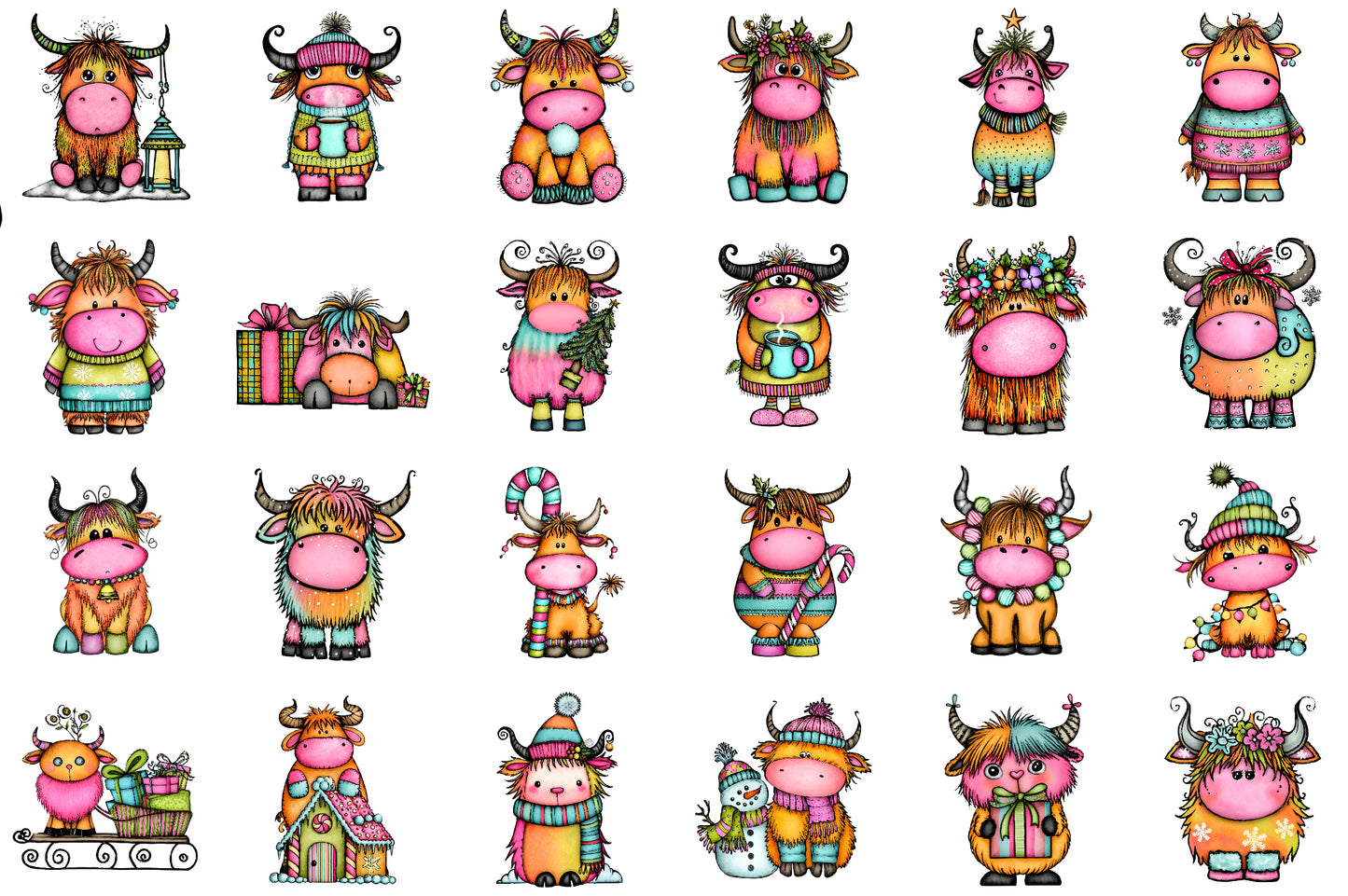 Whimsical Christmas Highland Cow Clipart Cute Holiday Cow PNG Bundle