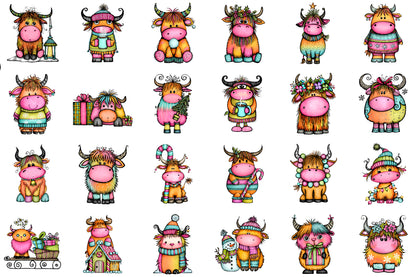 Whimsical Christmas Highland Cow Clipart Cute Holiday Cow PNG Bundle