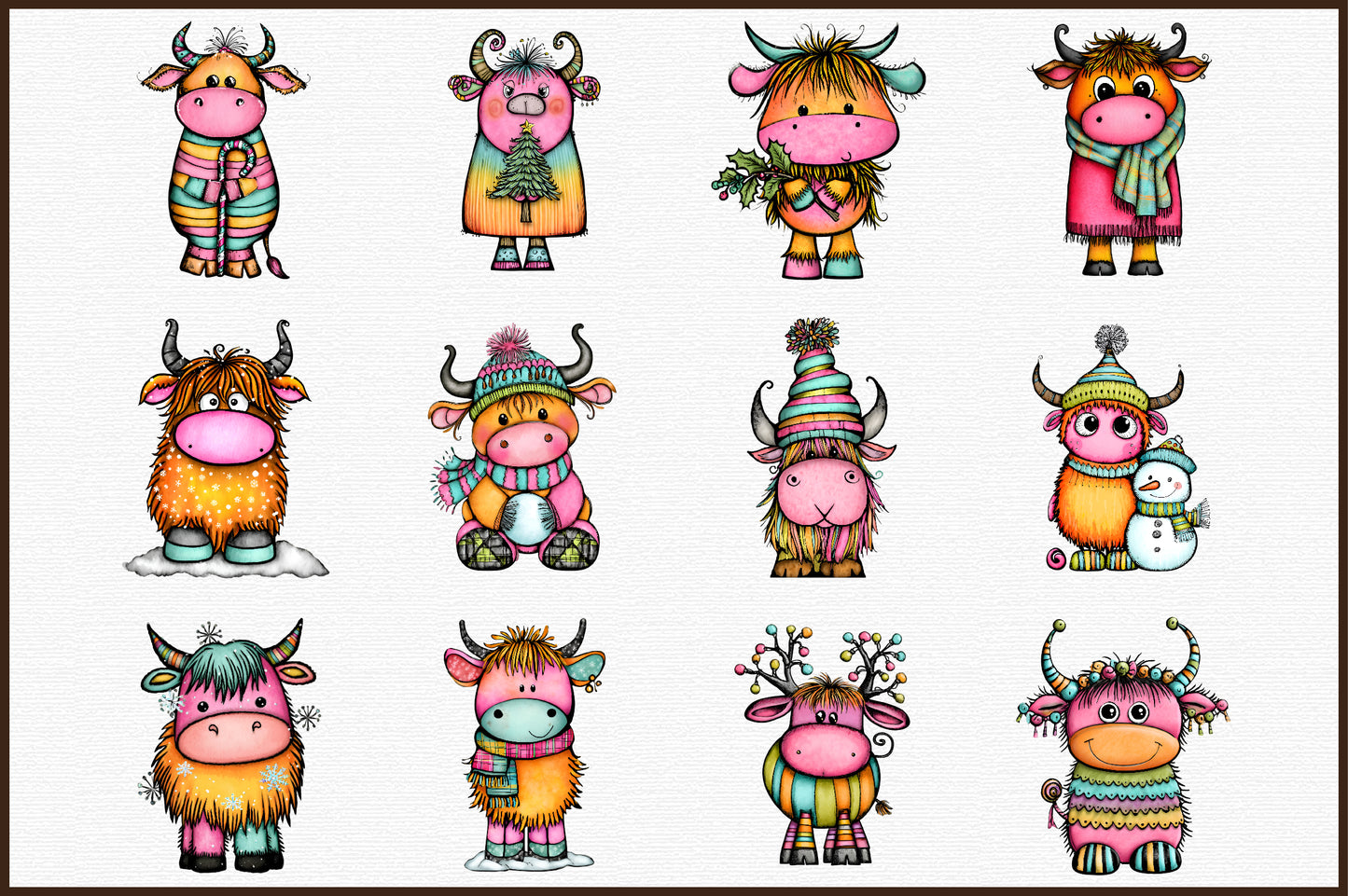 Whimsical Christmas Highland Cow Clipart Cute Holiday Cow PNG Bundle