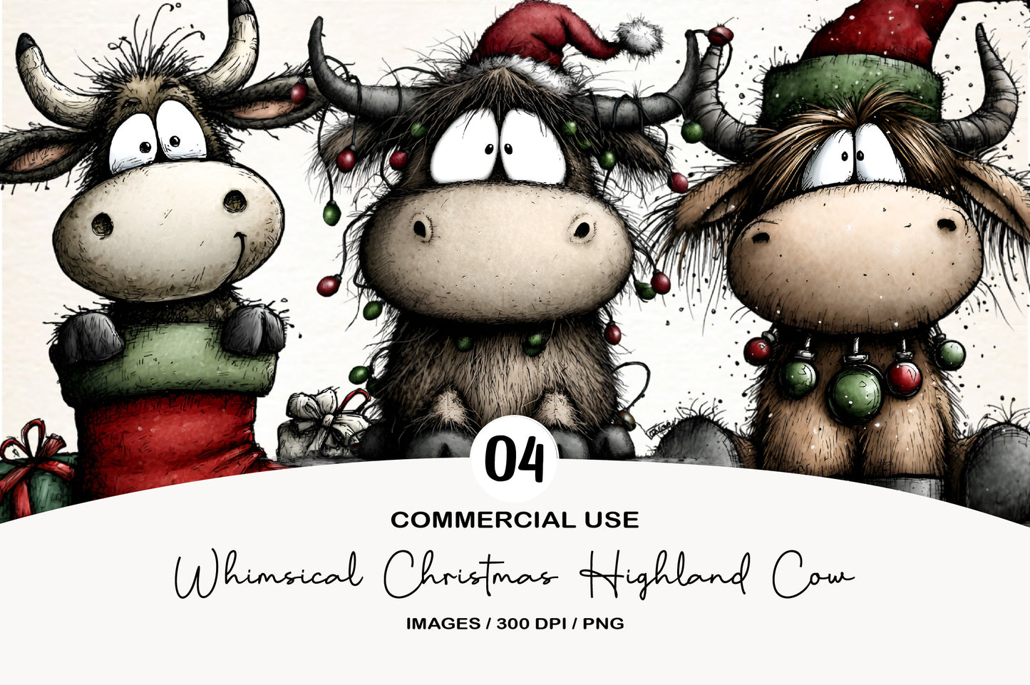 Whimsical Christmas Highland Cow Clipart PNG Bundle | Cute Watercolor Holiday Highland Cow | Festive Farmhouse Cow PNG