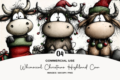 Whimsical Christmas Highland Cow Clipart PNG Bundle | Cute Watercolor Holiday Highland Cow | Festive Farmhouse Cow PNG