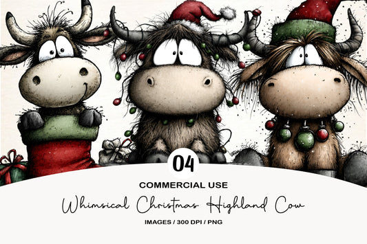 Whimsical Christmas Highland Cow Clipart PNG Bundle | Cute Watercolor Holiday Highland Cow | Festive Farmhouse Cow PNG