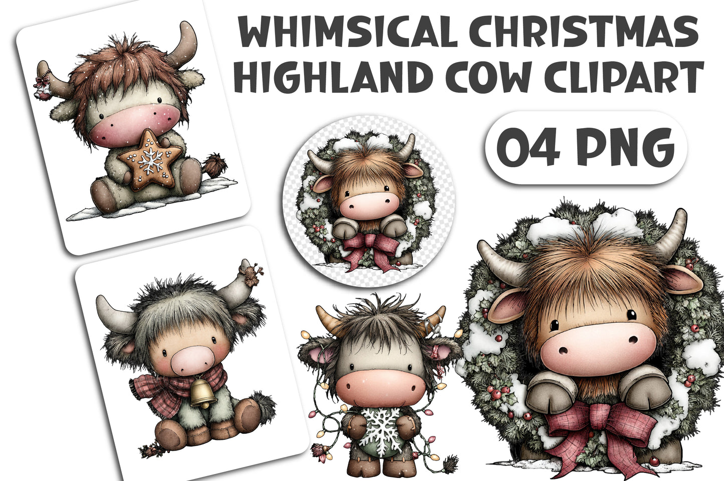 Whimsical Christmas Highland Cow Clipart PNG Bundle