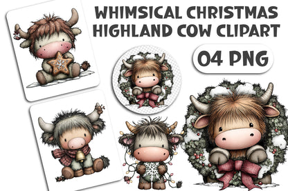 Whimsical Christmas Highland Cow Clipart PNG Bundle