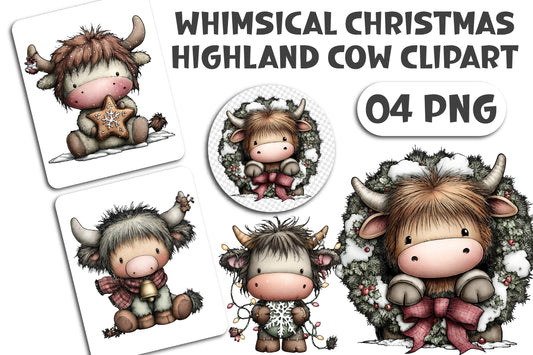 Whimsical Christmas Highland Cow Clipart PNG Bundle