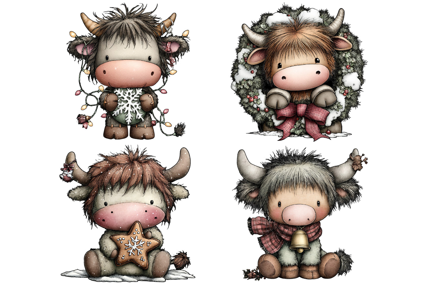 Whimsical Christmas Highland Cow Clipart PNG Bundle