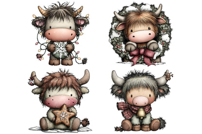 Whimsical Christmas Highland Cow Clipart PNG Bundle
