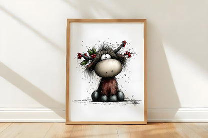 Whimsical Christmas Highland Cow Clipart PNG Bundle | Cute Watercolor Holiday Highland Cow | Festive Farmhouse Cow PNG