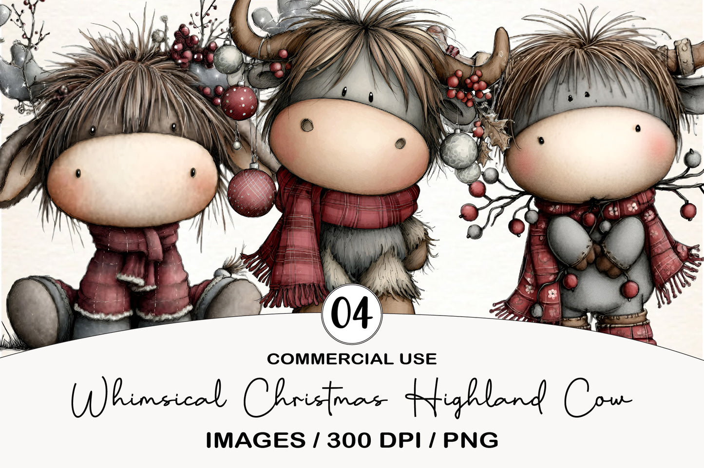 Whimsical Christmas Highland Cow Clipart PNG