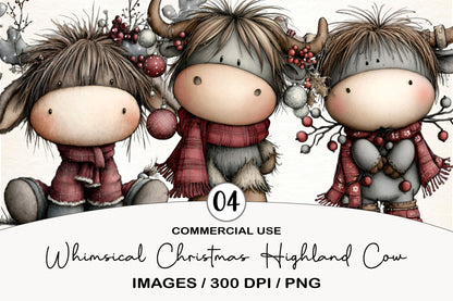 Whimsical Christmas Highland Cow Clipart PNG