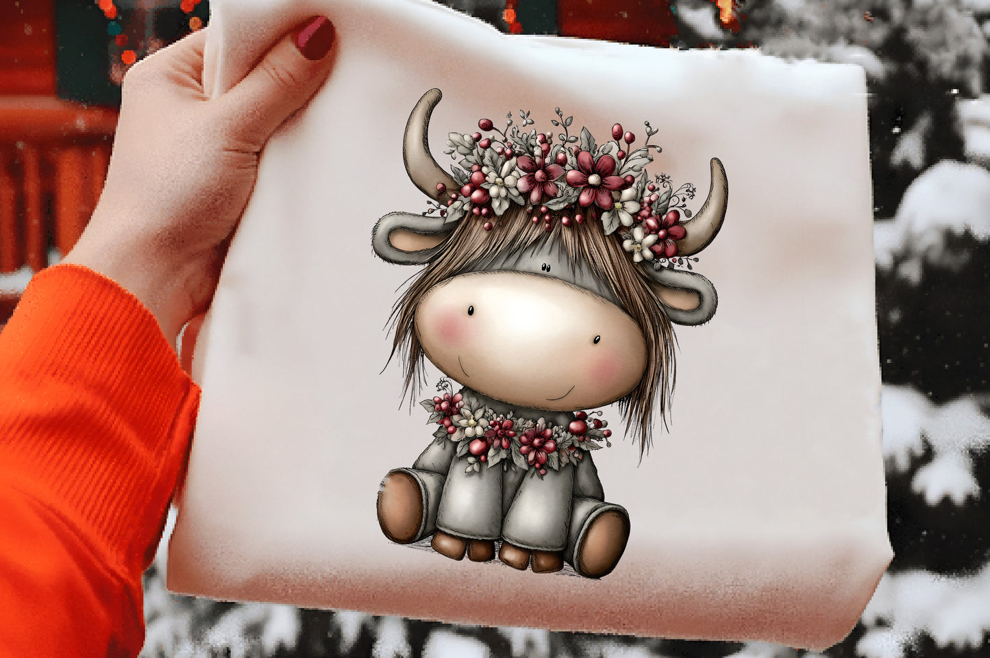 Whimsical Christmas Highland Cow Clipart PNG