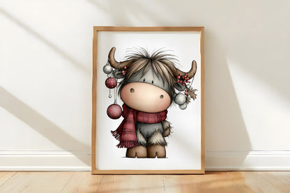 Whimsical Christmas Highland Cow Clipart PNG