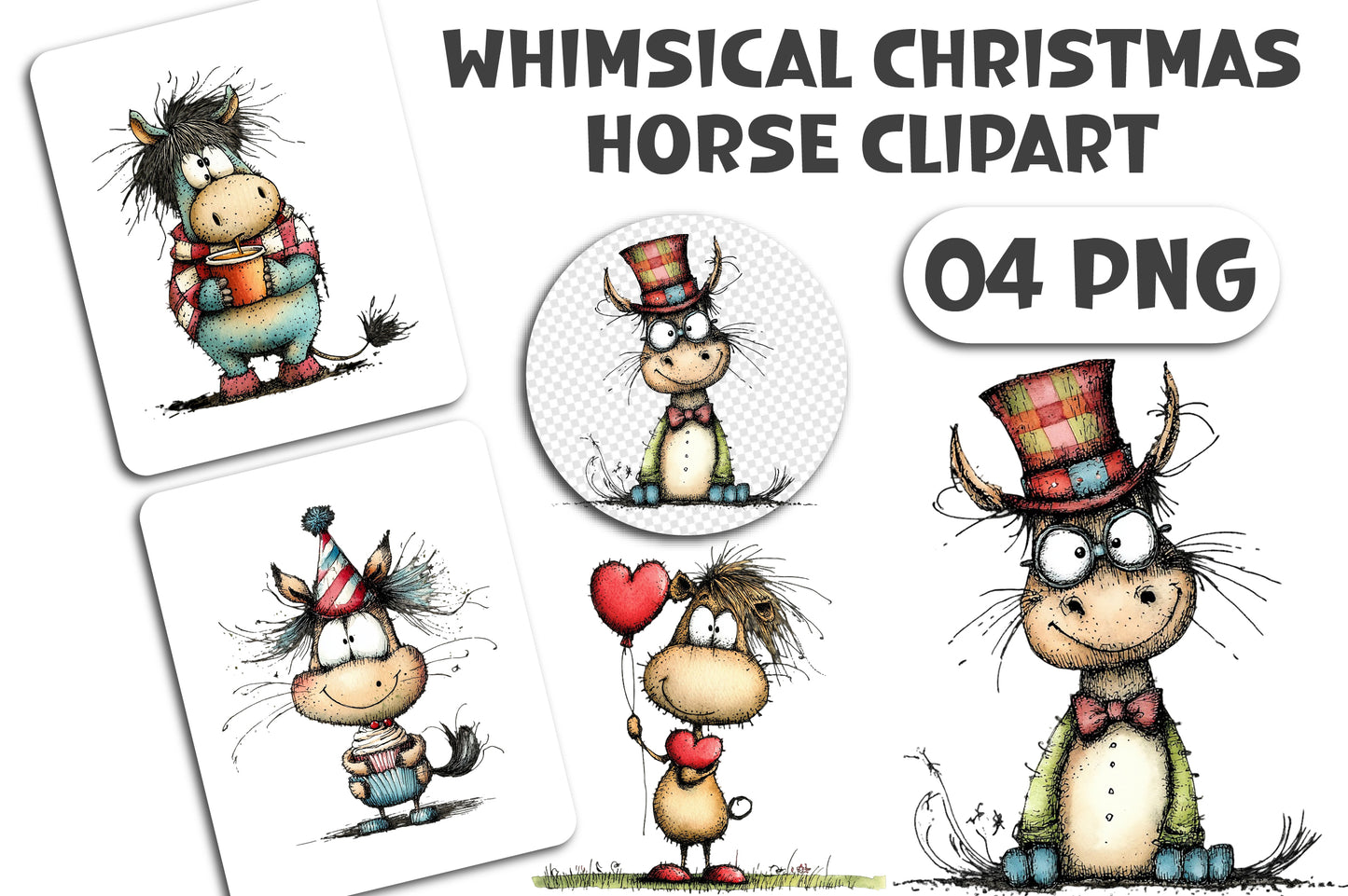 Whimsical Christmas Horse Clipart PNG Bundle