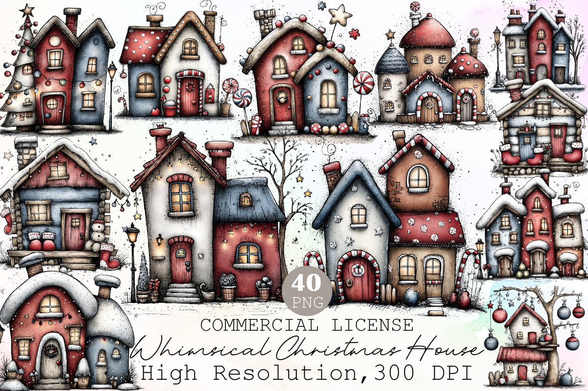 Whimsical Christmas House Clipart Cozy Winter Cottage PNG Bundle