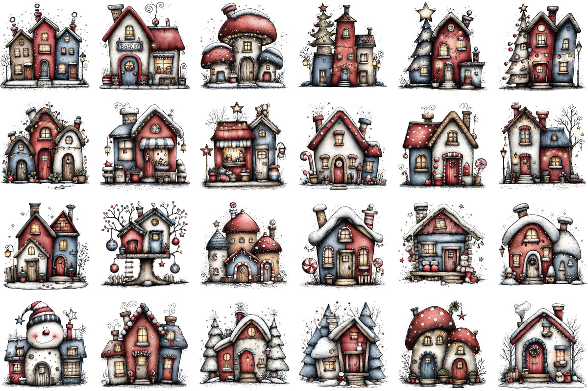 Whimsical Christmas House Clipart Cozy Winter Cottage PNG Bundle