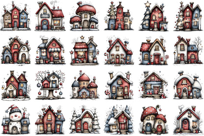 Whimsical Christmas House Clipart Cozy Winter Cottage PNG Bundle