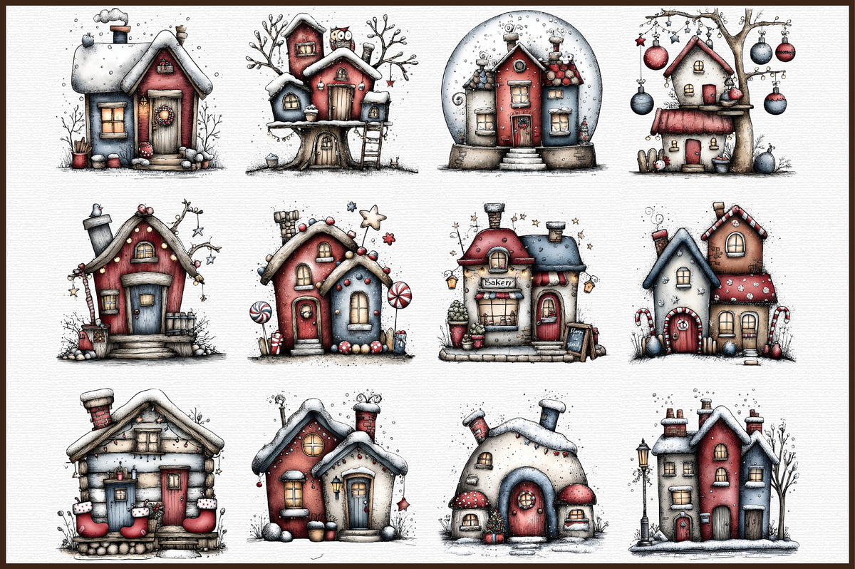 Whimsical Christmas House Clipart Cozy Winter Cottage PNG Bundle