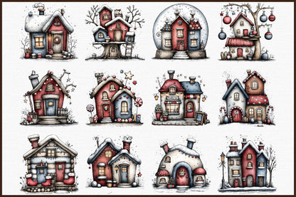 Whimsical Christmas House Clipart Cozy Winter Cottage PNG Bundle