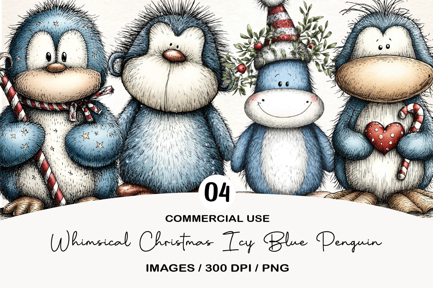 Whimsical Christmas Icy Blue Penguin Clipart PNG Bundle | Cute Watercolor Winter Penguin Clipart | Frosted Holiday Penguin PNG